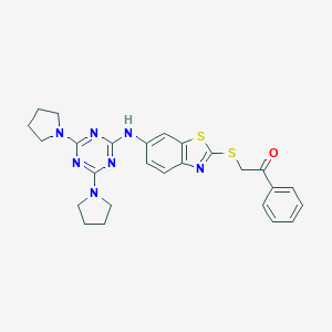 molecular formula C26H27N7OS2 B314362 2-[(6-{[4,6-Di(pyrrolidin-1-yl)-1,3,5-triazin-2-yl]amino}-1,3-benzothiazol-2-yl)sulfanyl]-1-phenylethanone 