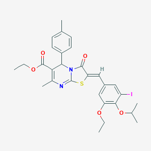 molecular formula C29H31IN2O5S B314363 ethyl 2-(3-ethoxy-5-iodo-4-isopropoxybenzylidene)-7-methyl-5-(4-methylphenyl)-3-oxo-2,3-dihydro-5H-[1,3]thiazolo[3,2-a]pyrimidine-6-carboxylate 