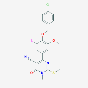 molecular formula C21H17ClIN3O3S B314368 4-{4-[(4-Chlorobenzyl)oxy]-3-iodo-5-methoxyphenyl}-1-methyl-2-(methylsulfanyl)-6-oxo-1,6-dihydropyrimidine-5-carbonitrile 