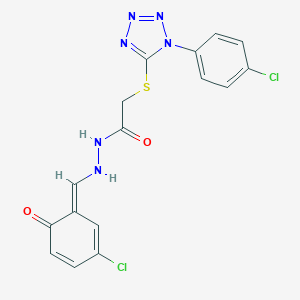 molecular formula C16H12Cl2N6O2S B314373 N'-[(E)-(3-chloro-6-oxocyclohexa-2,4-dien-1-ylidene)methyl]-2-[1-(4-chlorophenyl)tetrazol-5-yl]sulfanylacetohydrazide 