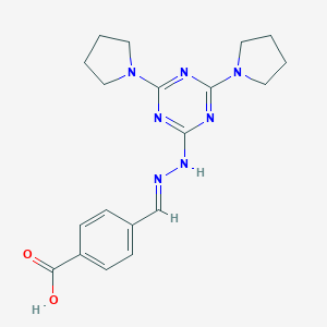 molecular formula C19H23N7O2 B314376 4-[(E)-{2-[4,6-di(pyrrolidin-1-yl)-1,3,5-triazin-2-yl]hydrazinylidene}methyl]benzoic acid 