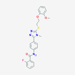 molecular formula C25H23FN4O3S B314393 2-fluoro-N-[4-(5-{[2-(2-methoxyphenoxy)ethyl]sulfanyl}-4-methyl-4H-1,2,4-triazol-3-yl)phenyl]benzamide 