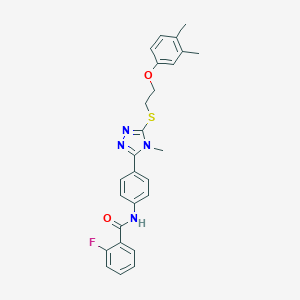 molecular formula C26H25FN4O2S B314394 N-[4-(5-{[2-(3,4-dimethylphenoxy)ethyl]sulfanyl}-4-methyl-4H-1,2,4-triazol-3-yl)phenyl]-2-fluorobenzamide 