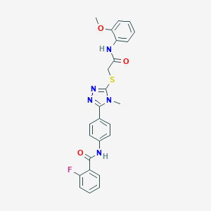 molecular formula C25H22FN5O3S B314396 2-fluoro-N-[4-(5-{[2-(2-methoxyanilino)-2-oxoethyl]sulfanyl}-4-methyl-4H-1,2,4-triazol-3-yl)phenyl]benzamide 