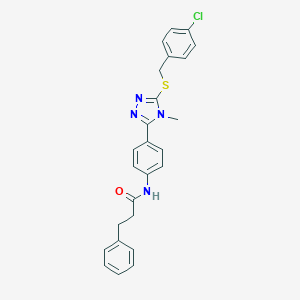 molecular formula C25H23ClN4OS B314402 N-[4-[5-[(4-chlorophenyl)methylsulfanyl]-4-methyl-1,2,4-triazol-3-yl]phenyl]-3-phenylpropanamide 