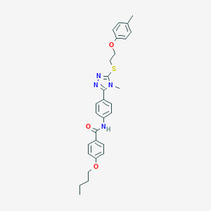 molecular formula C29H32N4O3S B314403 4-butoxy-N-[4-(4-methyl-5-{[2-(4-methylphenoxy)ethyl]sulfanyl}-4H-1,2,4-triazol-3-yl)phenyl]benzamide 