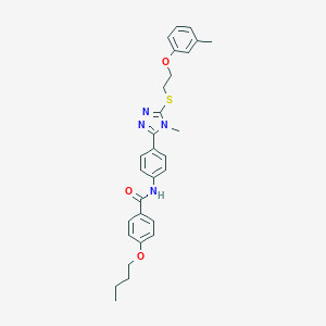 molecular formula C29H32N4O3S B314404 4-butoxy-N-[4-(4-methyl-5-{[2-(3-methylphenoxy)ethyl]sulfanyl}-4H-1,2,4-triazol-3-yl)phenyl]benzamide 