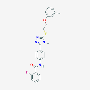 molecular formula C25H23FN4O2S B314411 2-fluoro-N-[4-(4-methyl-5-{[2-(3-methylphenoxy)ethyl]sulfanyl}-4H-1,2,4-triazol-3-yl)phenyl]benzamide 