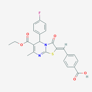 molecular formula C24H19FN2O5S B314413 4-{(Z)-[6-(ethoxycarbonyl)-5-(4-fluorophenyl)-7-methyl-3-oxo-5H-[1,3]thiazolo[3,2-a]pyrimidin-2(3H)-ylidene]methyl}benzoic acid 