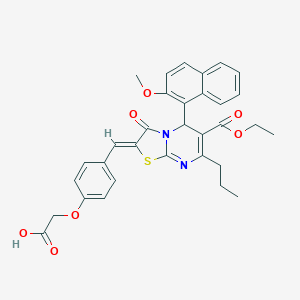 molecular formula C32H30N2O7S B314437 {4-[(6-(ethoxycarbonyl)-5-(2-methoxy-1-naphthyl)-3-oxo-7-propyl-5H-[1,3]thiazolo[3,2-a]pyrimidin-2(3H)-ylidene)methyl]phenoxy}acetic acid 