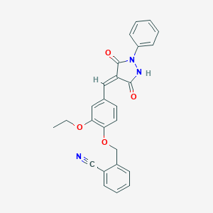 molecular formula C26H21N3O4 B314443 2-({4-[(E)-(3,5-dioxo-1-phenylpyrazolidin-4-ylidene)methyl]-2-ethoxyphenoxy}methyl)benzonitrile 