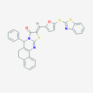 molecular formula C32H21N3O2S3 B314447 (14Z)-14-[[5-(1,3-benzothiazol-2-ylsulfanyl)furan-2-yl]methylidene]-11-phenyl-15-thia-12,17-diazatetracyclo[8.7.0.02,7.012,16]heptadeca-1(10),2,4,6,16-pentaen-13-one 