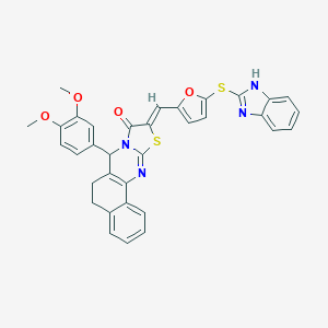 molecular formula C34H26N4O4S2 B314448 (14Z)-14-[[5-(1H-benzimidazol-2-ylsulfanyl)furan-2-yl]methylidene]-11-(3,4-dimethoxyphenyl)-15-thia-12,17-diazatetracyclo[8.7.0.02,7.012,16]heptadeca-1(10),2,4,6,16-pentaen-13-one 