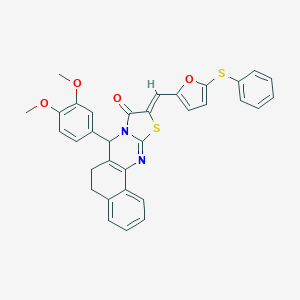 molecular formula C33H26N2O4S2 B314449 (14Z)-11-(3,4-dimethoxyphenyl)-14-[(5-phenylsulfanylfuran-2-yl)methylidene]-15-thia-12,17-diazatetracyclo[8.7.0.02,7.012,16]heptadeca-1(10),2,4,6,16-pentaen-13-one 