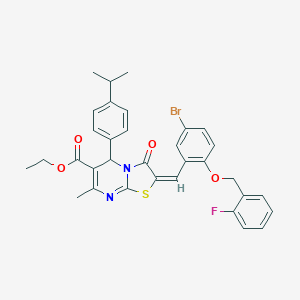 molecular formula C33H30BrFN2O4S B314451 ethyl 2-{5-bromo-2-[(2-fluorobenzyl)oxy]benzylidene}-5-(4-isopropylphenyl)-7-methyl-3-oxo-2,3-dihydro-5H-[1,3]thiazolo[3,2-a]pyrimidine-6-carboxylate 