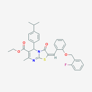 molecular formula C33H31FN2O4S B314452 ethyl 2-{2-[(2-fluorobenzyl)oxy]benzylidene}-5-(4-isopropylphenyl)-7-methyl-3-oxo-2,3-dihydro-5H-[1,3]thiazolo[3,2-a]pyrimidine-6-carboxylate 
