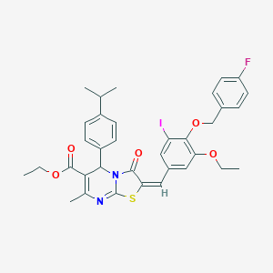molecular formula C35H34FIN2O5S B314455 ethyl 2-{3-ethoxy-4-[(4-fluorobenzyl)oxy]-5-iodobenzylidene}-5-(4-isopropylphenyl)-7-methyl-3-oxo-2,3-dihydro-5H-[1,3]thiazolo[3,2-a]pyrimidine-6-carboxylate 