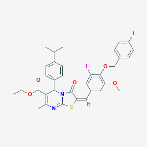 molecular formula C34H32I2N2O5S B314462 ethyl 2-{3-iodo-4-[(4-iodobenzyl)oxy]-5-methoxybenzylidene}-5-(4-isopropylphenyl)-7-methyl-3-oxo-2,3-dihydro-5H-[1,3]thiazolo[3,2-a]pyrimidine-6-carboxylate 