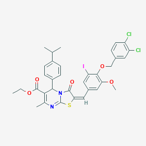 molecular formula C34H31Cl2IN2O5S B314463 ethyl 2-{4-[(3,4-dichlorobenzyl)oxy]-3-iodo-5-methoxybenzylidene}-5-(4-isopropylphenyl)-7-methyl-3-oxo-2,3-dihydro-5H-[1,3]thiazolo[3,2-a]pyrimidine-6-carboxylate 