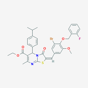 molecular formula C34H32BrFN2O5S B314465 ethyl 2-{3-bromo-4-[(2-fluorobenzyl)oxy]-5-methoxybenzylidene}-5-(4-isopropylphenyl)-7-methyl-3-oxo-2,3-dihydro-5H-[1,3]thiazolo[3,2-a]pyrimidine-6-carboxylate 