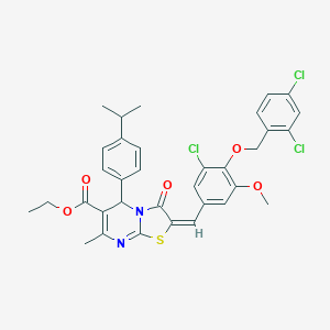 molecular formula C34H31Cl3N2O5S B314467 ethyl 2-{3-chloro-4-[(2,4-dichlorobenzyl)oxy]-5-methoxybenzylidene}-5-(4-isopropylphenyl)-7-methyl-3-oxo-2,3-dihydro-5H-[1,3]thiazolo[3,2-a]pyrimidine-6-carboxylate 