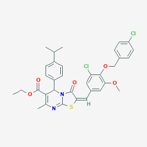 molecular formula C34H32Cl2N2O5S B314468 ethyl 2-{3-chloro-4-[(4-chlorobenzyl)oxy]-5-methoxybenzylidene}-5-(4-isopropylphenyl)-7-methyl-3-oxo-2,3-dihydro-5H-[1,3]thiazolo[3,2-a]pyrimidine-6-carboxylate 