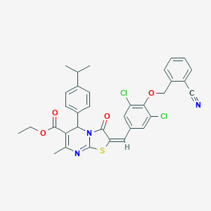 molecular formula C34H29Cl2N3O4S B314470 ethyl 2-{3,5-dichloro-4-[(2-cyanobenzyl)oxy]benzylidene}-5-(4-isopropylphenyl)-7-methyl-3-oxo-2,3-dihydro-5H-[1,3]thiazolo[3,2-a]pyrimidine-6-carboxylate 