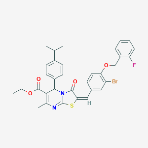 molecular formula C33H30BrFN2O4S B314472 ethyl 2-{3-bromo-4-[(2-fluorobenzyl)oxy]benzylidene}-5-(4-isopropylphenyl)-7-methyl-3-oxo-2,3-dihydro-5H-[1,3]thiazolo[3,2-a]pyrimidine-6-carboxylate 