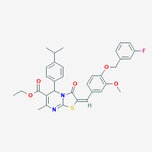 molecular formula C34H33FN2O5S B314476 ethyl 2-{4-[(3-fluorobenzyl)oxy]-3-methoxybenzylidene}-5-(4-isopropylphenyl)-7-methyl-3-oxo-2,3-dihydro-5H-[1,3]thiazolo[3,2-a]pyrimidine-6-carboxylate 