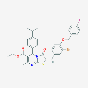 molecular formula C33H30BrFN2O4S B314478 ethyl 2-{3-bromo-4-[(4-fluorobenzyl)oxy]benzylidene}-5-(4-isopropylphenyl)-7-methyl-3-oxo-2,3-dihydro-5H-[1,3]thiazolo[3,2-a]pyrimidine-6-carboxylate 