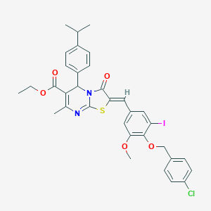 molecular formula C34H32ClIN2O5S B314480 ethyl 2-{4-[(4-chlorobenzyl)oxy]-3-iodo-5-methoxybenzylidene}-5-(4-isopropylphenyl)-7-methyl-3-oxo-2,3-dihydro-5H-[1,3]thiazolo[3,2-a]pyrimidine-6-carboxylate 