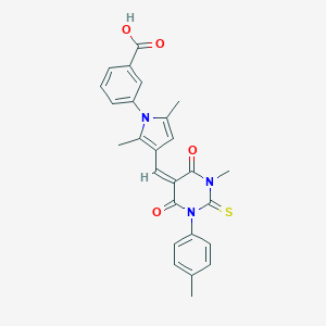 molecular formula C26H23N3O4S B314494 3-{2,5-dimethyl-3-[(1-methyl-3-(4-methylphenyl)-4,6-dioxo-2-thioxotetrahydro-5(2H)-pyrimidinylidene)methyl]-1H-pyrrol-1-yl}benzoic acid 