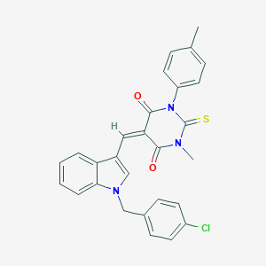 molecular formula C28H22ClN3O2S B314499 5-{[1-(4-chlorobenzyl)-1H-indol-3-yl]methylene}-1-methyl-3-(4-methylphenyl)-2-thioxodihydro-4,6(1H,5H)-pyrimidinedione 
