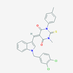 molecular formula C28H21Cl2N3O2S B314500 5-{[1-(3,4-dichlorobenzyl)-1H-indol-3-yl]methylene}-1-methyl-3-(4-methylphenyl)-2-thioxodihydro-4,6(1H,5H)-pyrimidinedione 