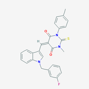 molecular formula C28H22FN3O2S B314501 5-{[1-(3-fluorobenzyl)-1H-indol-3-yl]methylene}-1-methyl-3-(4-methylphenyl)-2-thioxodihydro-4,6(1H,5H)-pyrimidinedione 