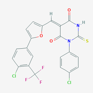molecular formula C22H11Cl2F3N2O3S B314503 1-(4-chlorophenyl)-5-({5-[4-chloro-3-(trifluoromethyl)phenyl]-2-furyl}methylene)-2-thioxodihydro-4,6(1H,5H)-pyrimidinedione 