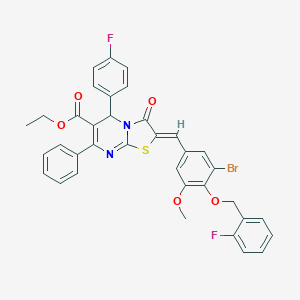 molecular formula C36H27BrF2N2O5S B314507 ethyl 2-{3-bromo-4-[(2-fluorobenzyl)oxy]-5-methoxybenzylidene}-5-(4-fluorophenyl)-3-oxo-7-phenyl-2,3-dihydro-5H-[1,3]thiazolo[3,2-a]pyrimidine-6-carboxylate 