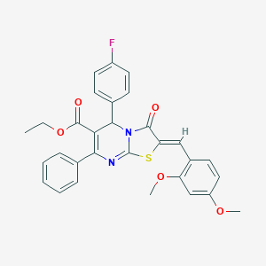 molecular formula C30H25FN2O5S B314512 ethyl 2-(2,4-dimethoxybenzylidene)-5-(4-fluorophenyl)-3-oxo-7-phenyl-2,3-dihydro-5H-[1,3]thiazolo[3,2-a]pyrimidine-6-carboxylate 