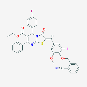 molecular formula C37H27FIN3O5S B314513 ethyl 2-{4-[(2-cyanobenzyl)oxy]-3-iodo-5-methoxybenzylidene}-5-(4-fluorophenyl)-3-oxo-7-phenyl-2,3-dihydro-5H-[1,3]thiazolo[3,2-a]pyrimidine-6-carboxylate 