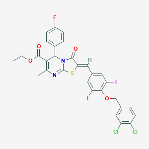 molecular formula C30H21Cl2FI2N2O4S B314518 ethyl 2-{4-[(3,4-dichlorobenzyl)oxy]-3,5-diiodobenzylidene}-5-(4-fluorophenyl)-7-methyl-3-oxo-2,3-dihydro-5H-[1,3]thiazolo[3,2-a]pyrimidine-6-carboxylate 
