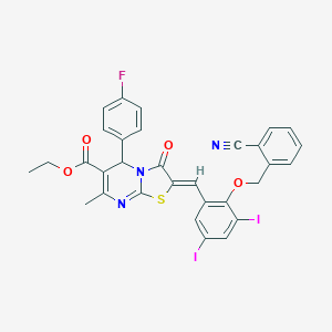 molecular formula C31H22FI2N3O4S B314519 ethyl 2-{2-[(2-cyanobenzyl)oxy]-3,5-diiodobenzylidene}-5-(4-fluorophenyl)-7-methyl-3-oxo-2,3-dihydro-5H-[1,3]thiazolo[3,2-a]pyrimidine-6-carboxylate 