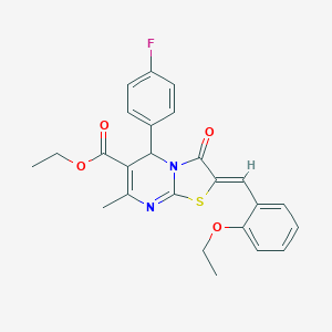 molecular formula C25H23FN2O4S B314525 ethyl (2Z)-2-(2-ethoxybenzylidene)-5-(4-fluorophenyl)-7-methyl-3-oxo-2,3-dihydro-5H-[1,3]thiazolo[3,2-a]pyrimidine-6-carboxylate 