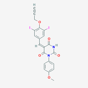 (5E)-5-[3,5-diiodo-4-(prop-2-yn-1-yloxy)benzylidene]-1-(4-methoxyphenyl)pyrimidine-2,4,6(1H,3H,5H)-trione