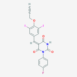 molecular formula C20H11FI2N2O4 B314543 (5E)-5-[3,5-diiodo-4-(prop-2-yn-1-yloxy)benzylidene]-1-(4-fluorophenyl)pyrimidine-2,4,6(1H,3H,5H)-trione 