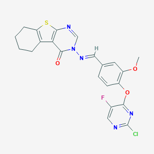 molecular formula C22H17ClFN5O3S B314550 3-({4-[(2-chloro-5-fluoro-4-pyrimidinyl)oxy]-3-methoxybenzylidene}amino)-5,6,7,8-tetrahydro[1]benzothieno[2,3-d]pyrimidin-4(3H)-one 