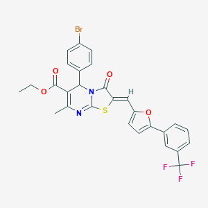 molecular formula C28H20BrF3N2O4S B314559 ethyl 5-(4-bromophenyl)-7-methyl-3-oxo-2-({5-[3-(trifluoromethyl)phenyl]-2-furyl}methylene)-2,3-dihydro-5H-[1,3]thiazolo[3,2-a]pyrimidine-6-carboxylate 