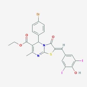 molecular formula C23H17BrI2N2O4S B314565 ethyl 5-(4-bromophenyl)-2-(4-hydroxy-3,5-diiodobenzylidene)-7-methyl-3-oxo-2,3-dihydro-5H-[1,3]thiazolo[3,2-a]pyrimidine-6-carboxylate 