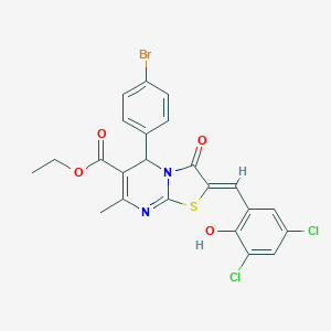 molecular formula C23H17BrCl2N2O4S B314575 ethyl 5-(4-bromophenyl)-2-(3,5-dichloro-2-hydroxybenzylidene)-7-methyl-3-oxo-2,3-dihydro-5H-[1,3]thiazolo[3,2-a]pyrimidine-6-carboxylate 