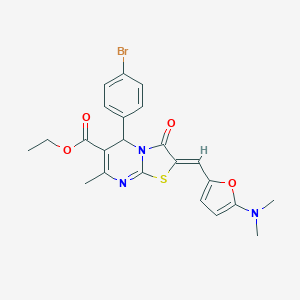 molecular formula C23H22BrN3O4S B314576 ethyl 5-(4-bromophenyl)-2-{[5-(dimethylamino)-2-furyl]methylene}-7-methyl-3-oxo-2,3-dihydro-5H-[1,3]thiazolo[3,2-a]pyrimidine-6-carboxylate 