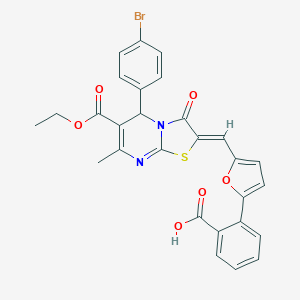 molecular formula C28H21BrN2O6S B314577 2-{5-[(5-(4-bromophenyl)-6-(ethoxycarbonyl)-7-methyl-3-oxo-5H-[1,3]thiazolo[3,2-a]pyrimidin-2(3H)-ylidene)methyl]-2-furyl}benzoic acid 